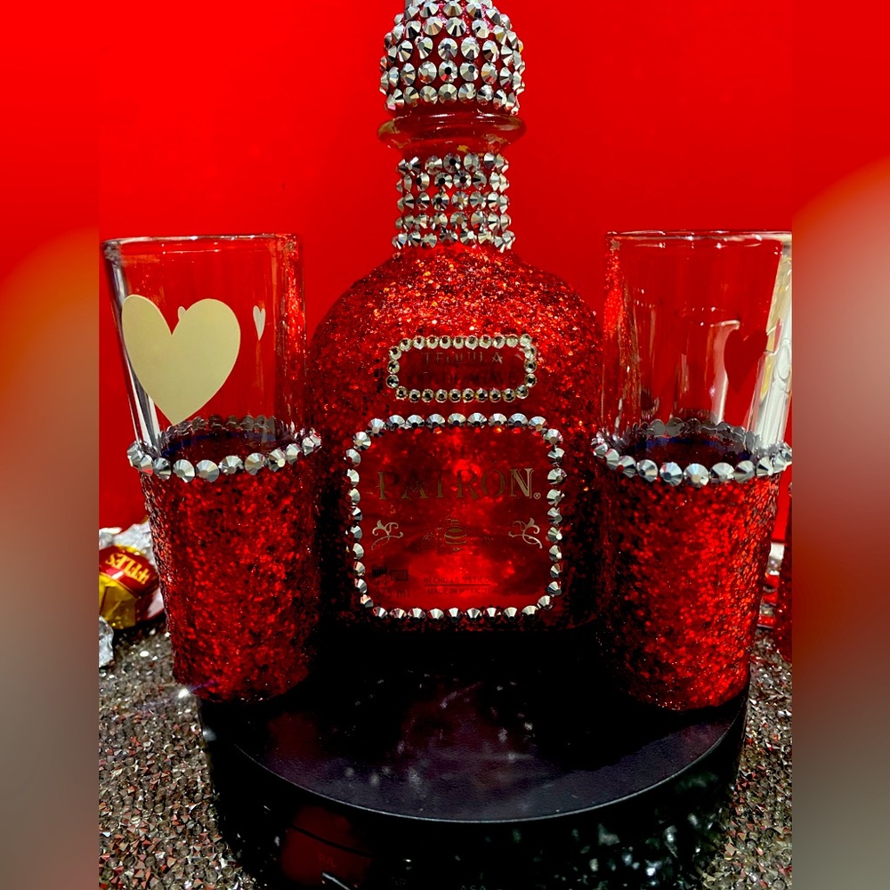 Patron bottle and two tequila shots